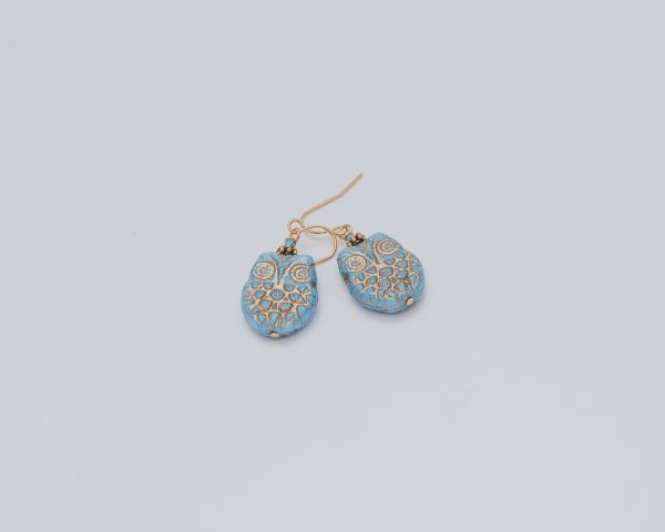 Blue & Gold Czech Glass Owl Earrings-0047
