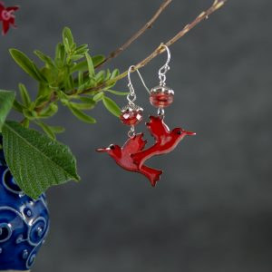Red Enameled Hummingbird Earrings-