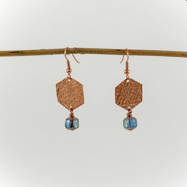 Copper Hexagon Blue Crystal Earrings