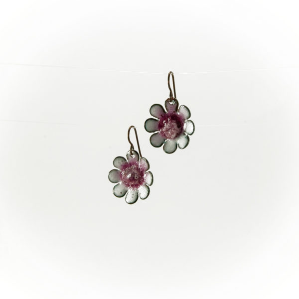 White backgrnd White with rasp. pink #3 enameled flower earrings_